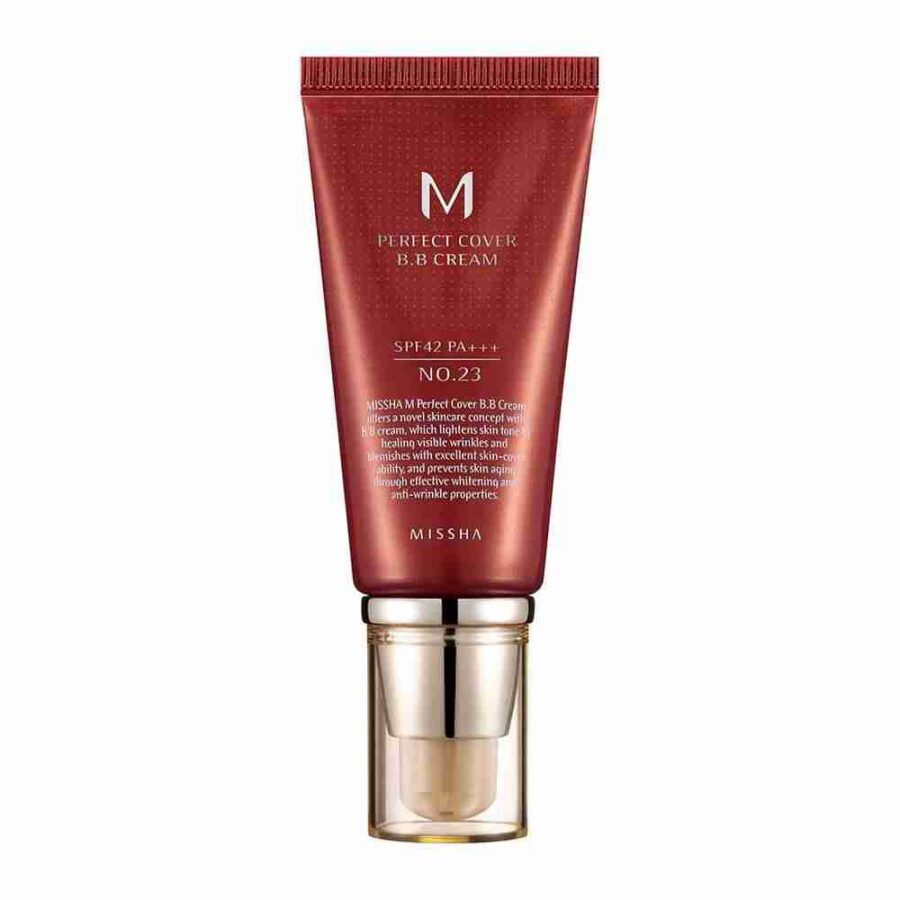 Missha M Perfect Cover BB Cream No.23 Natural Beige SPF42 – Abbildung der BB-Cream-Tube auf weißem Hintergrund, zeigt Verpackung und Produktdesign.