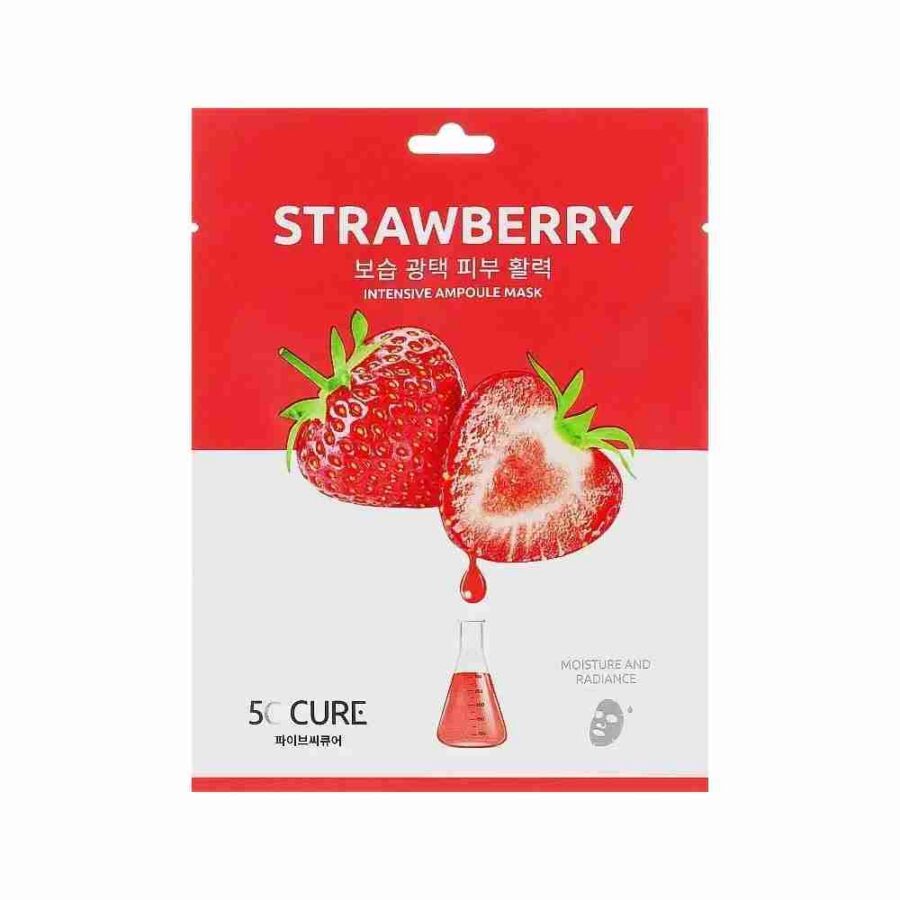 5C CURE Strawberry Intensive Essence Mask Verpackung mit roter Erdbeer-Illustration